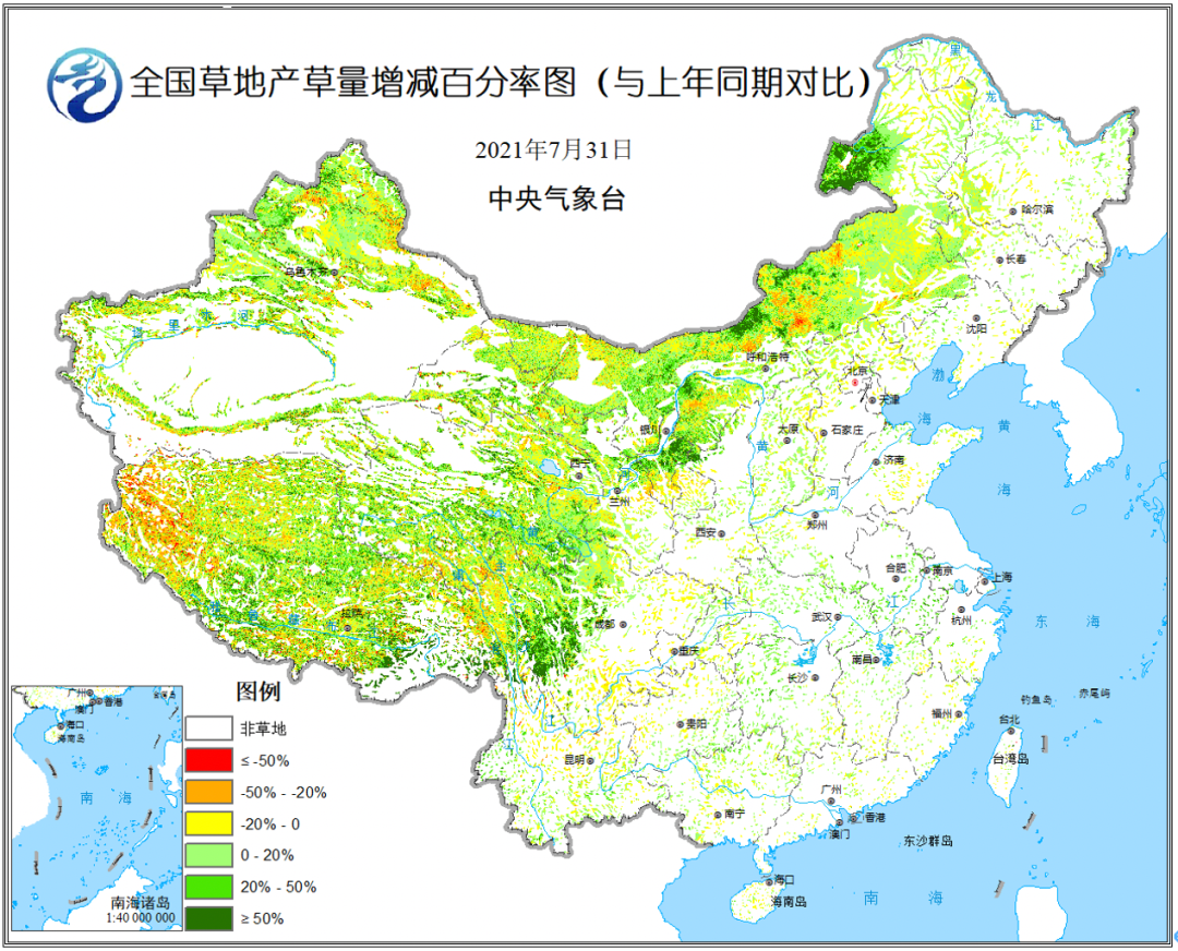 2021年3-7月全国草地产草量与去年同期增减百分率.