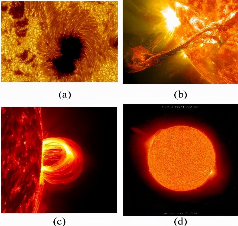 (a)太阳黑子(b)太阳耀斑(c)日珥(d)日冕物质抛射(图片来源:搜狐网