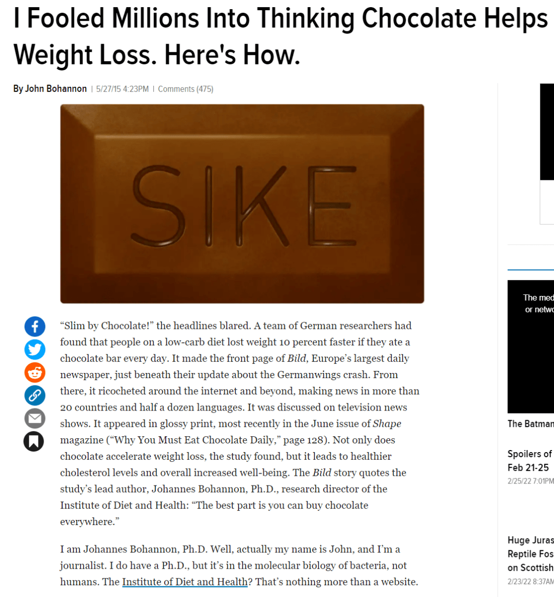 生活科普：让数百万人误以为吃黑巧克力减肥的骗局，真实是多么的！