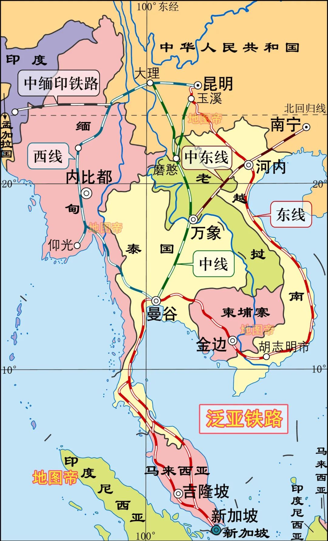 西线,起点云南昆明,经过大理至缅甸内比都,仰光,折向东来到泰国曼谷